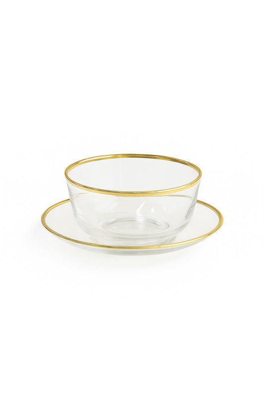 Set of 6 Transparent Dessert Cups with Gold Rim and Matching Plates