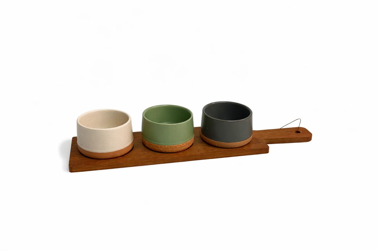 Triple Condiment Bowl Set with Wooden Serving Board