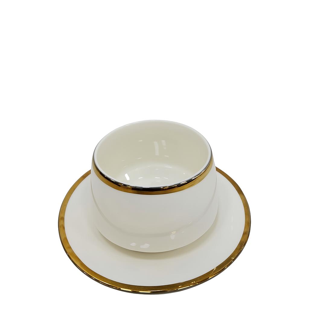 Set of 6 White Dessert Cups with Gold Rim and Matching Plates