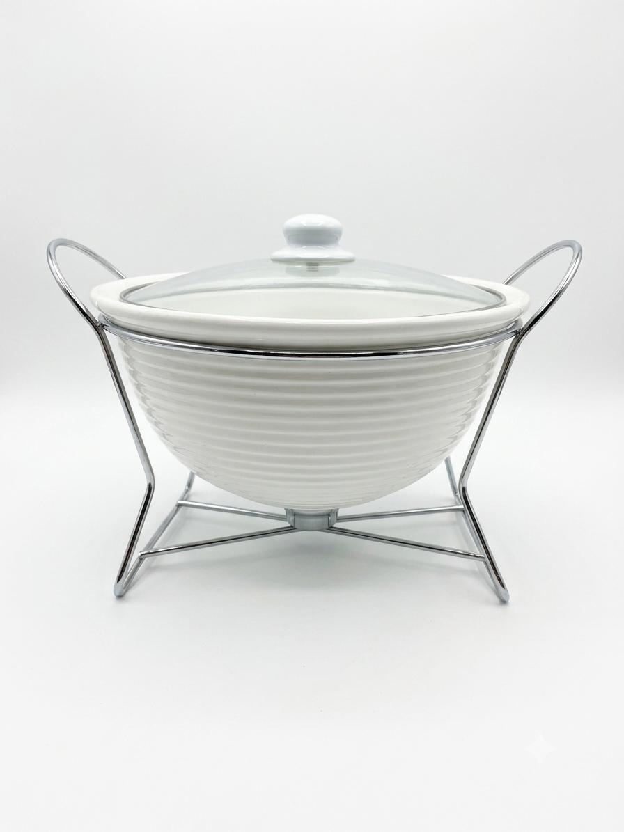 White Ribbed Ceramic Chafing Dish with Glass Lid & Metal Stand