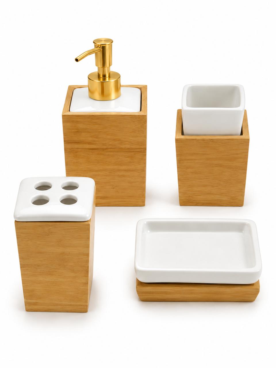 Bamboo & White Bathroom Accessory Set