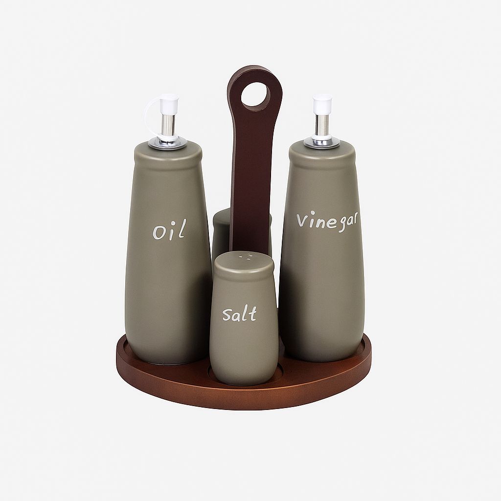 Oil, Vinegar & Salt Dispenser Set with Wooden Stand