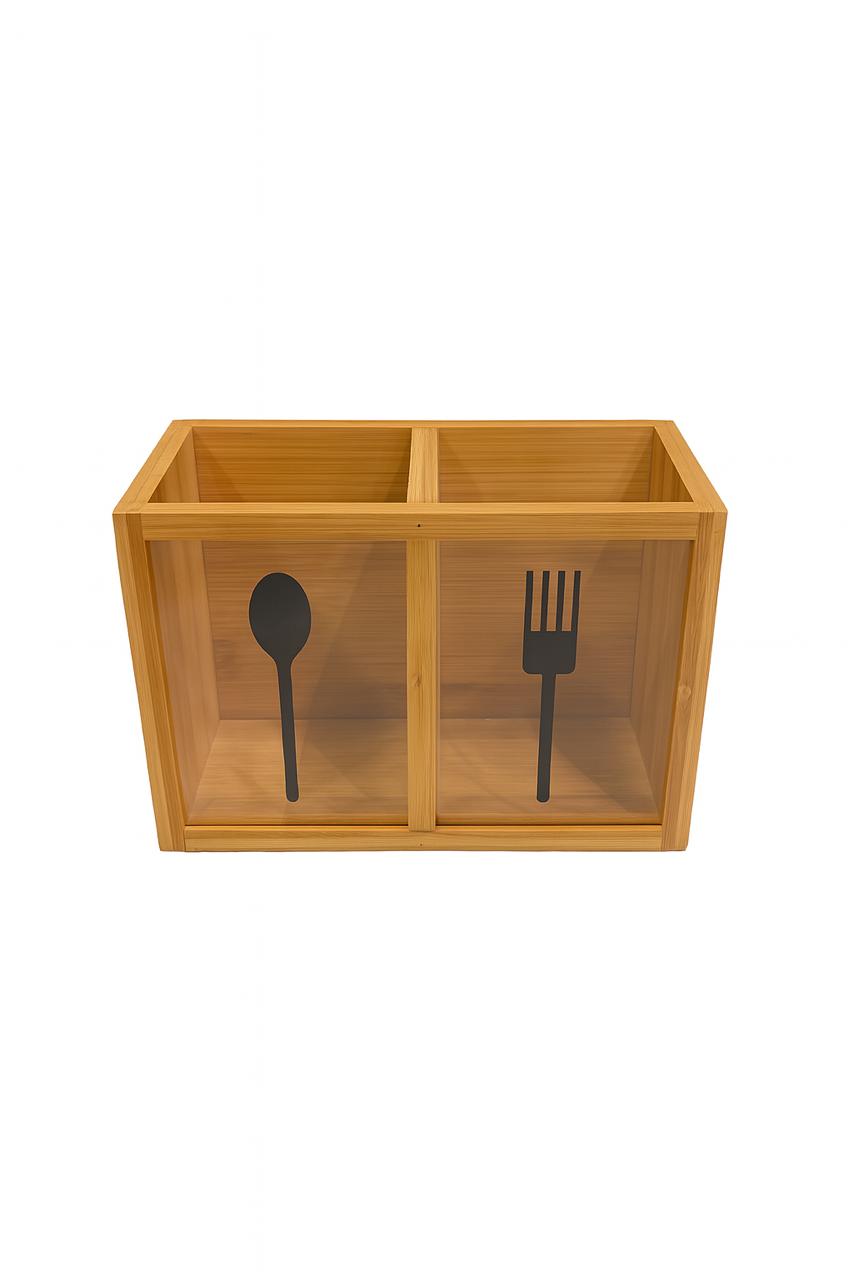 Bamboo Double-Compartment Utensil Holder with Spoon & Fork Design