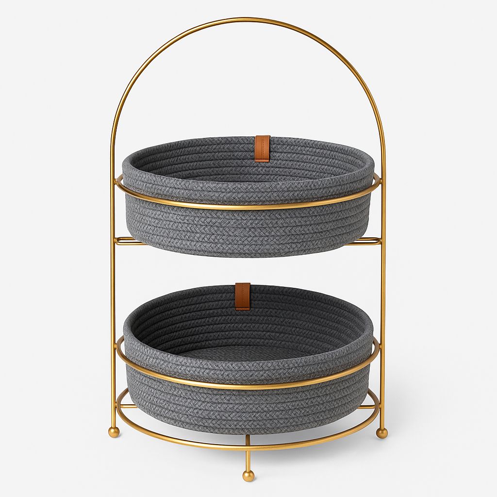 2-Tier Gold Metal Stand with Braided Fabric Baskets – Grey