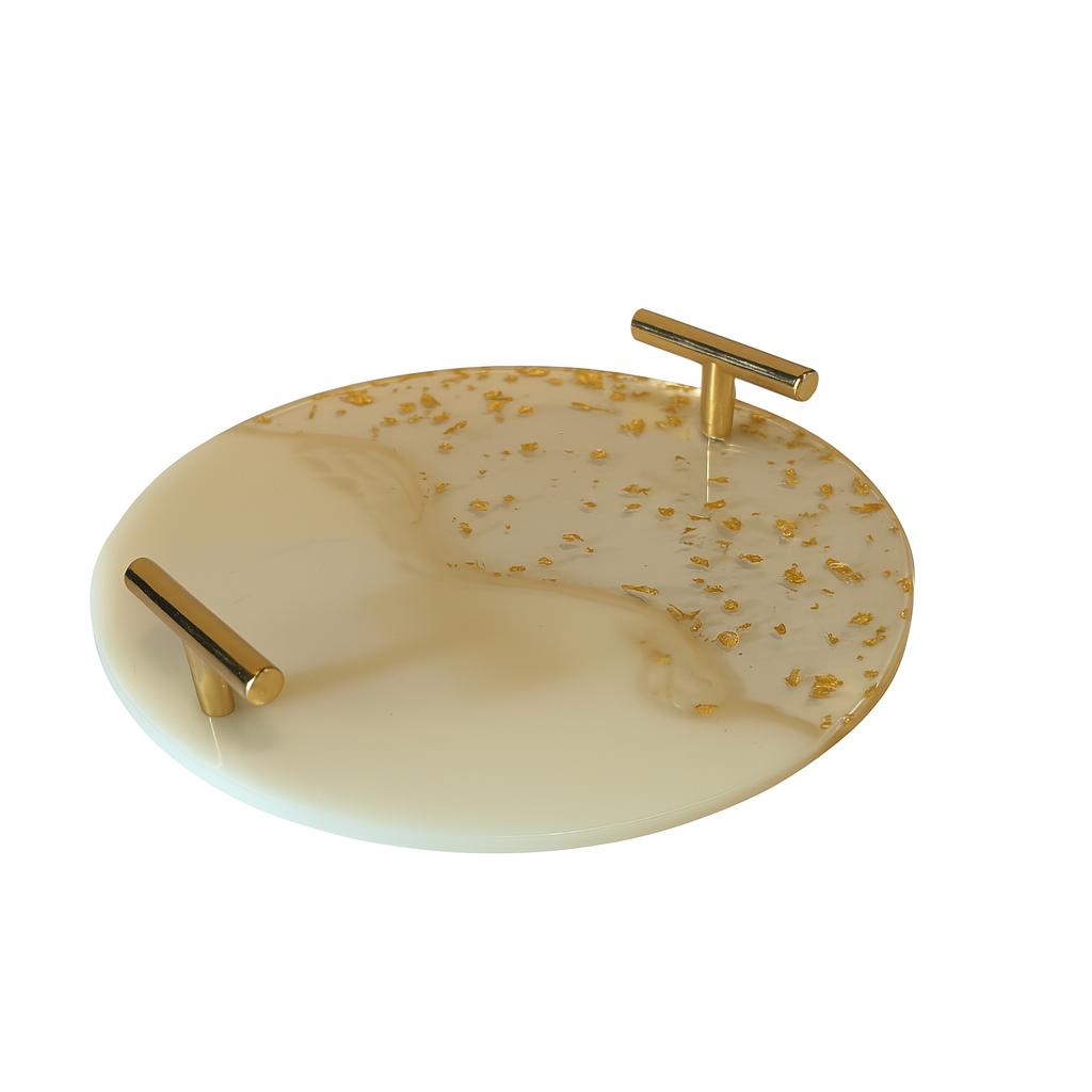Round Marble-Effect Tray with Gold Handles & Accents
