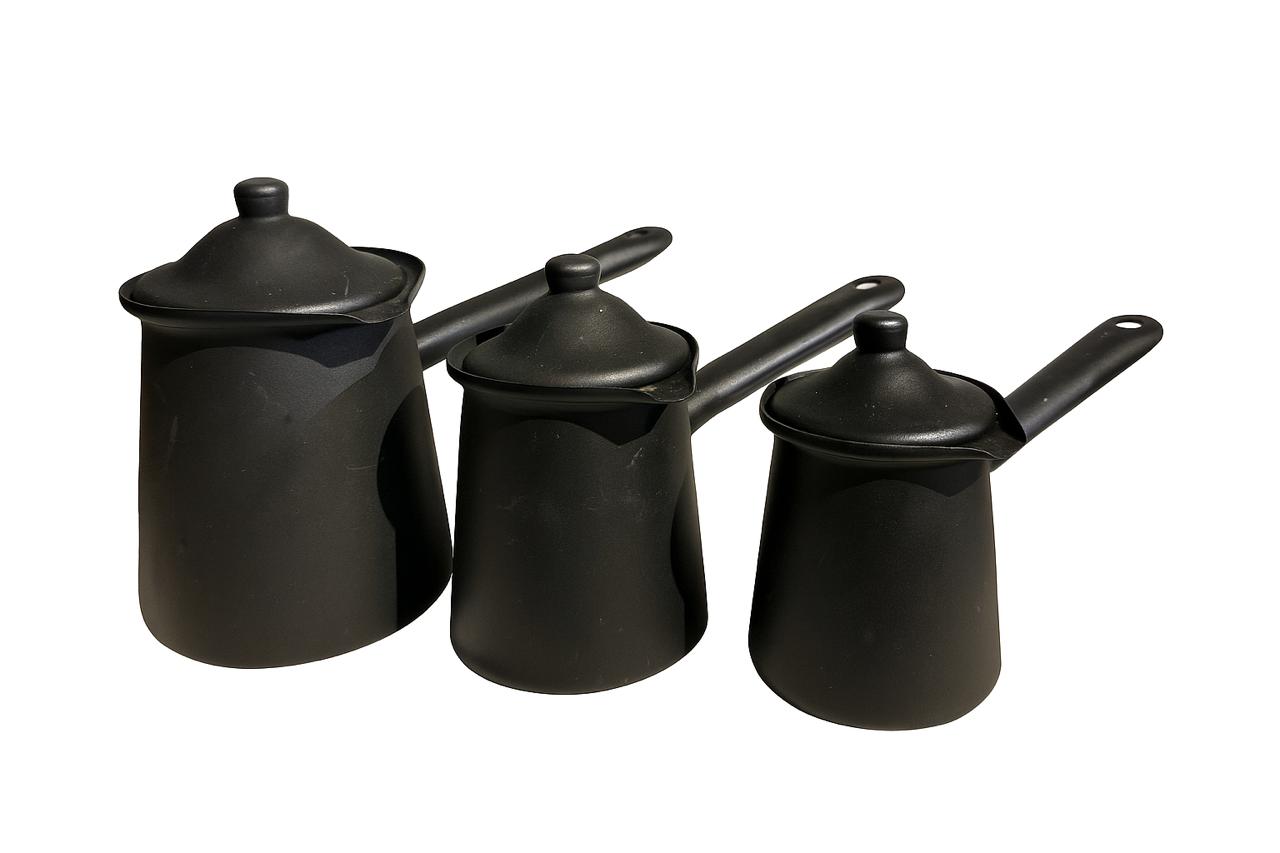 Set of 3 Matte Black Turkish Coffee Pots with Lids