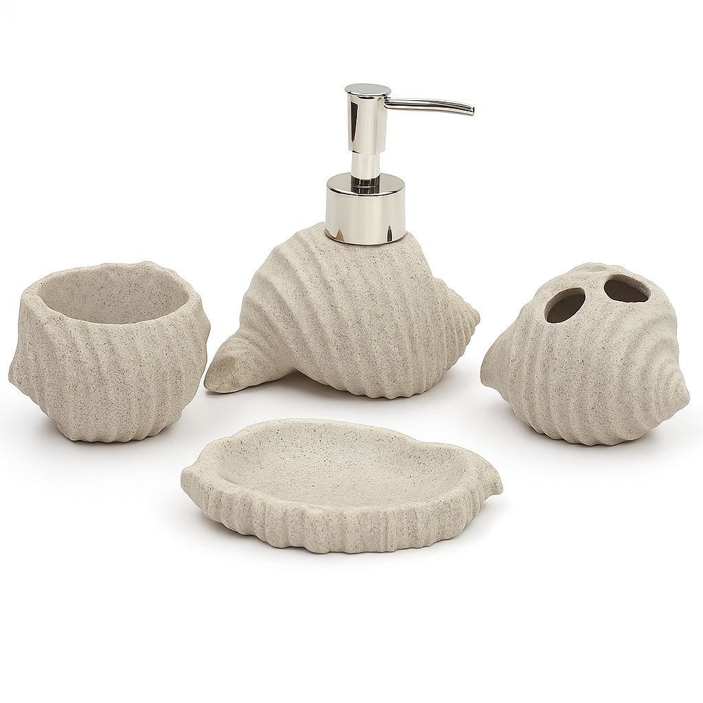 Beige Seashell Bathroom Accessory Set – 4 Pieces