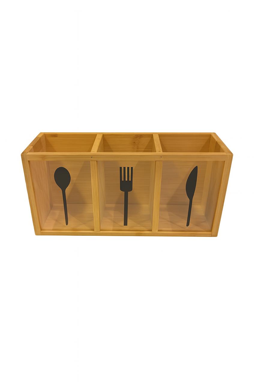 Bamboo Triple-Compartment Utensil Holder with Spoon, Fork & Knife Icons