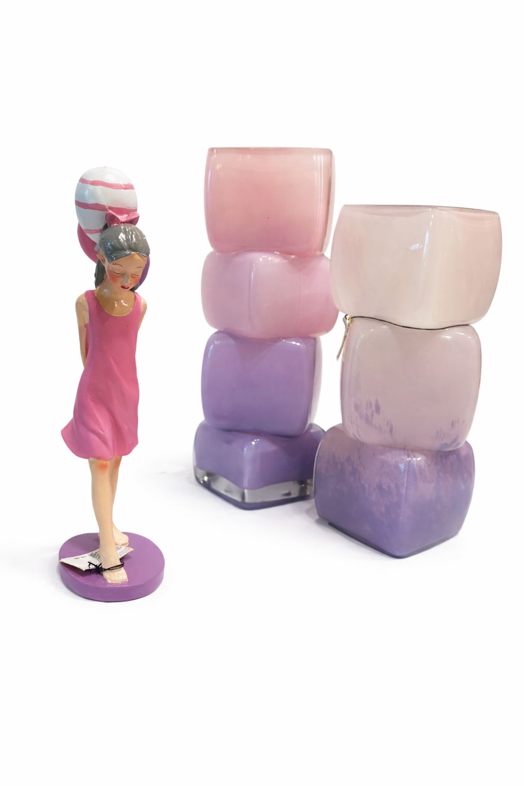 Pastel Glass Vase Set with Decorative Girl Statue