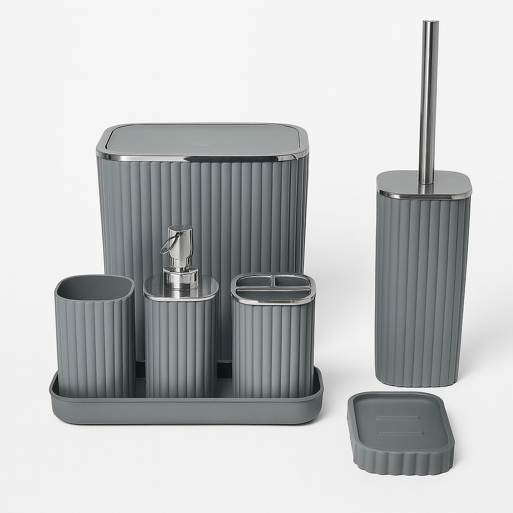 Grey Ribbed Bathroom Accessory Set with Chrome Accents – 7 Pieces