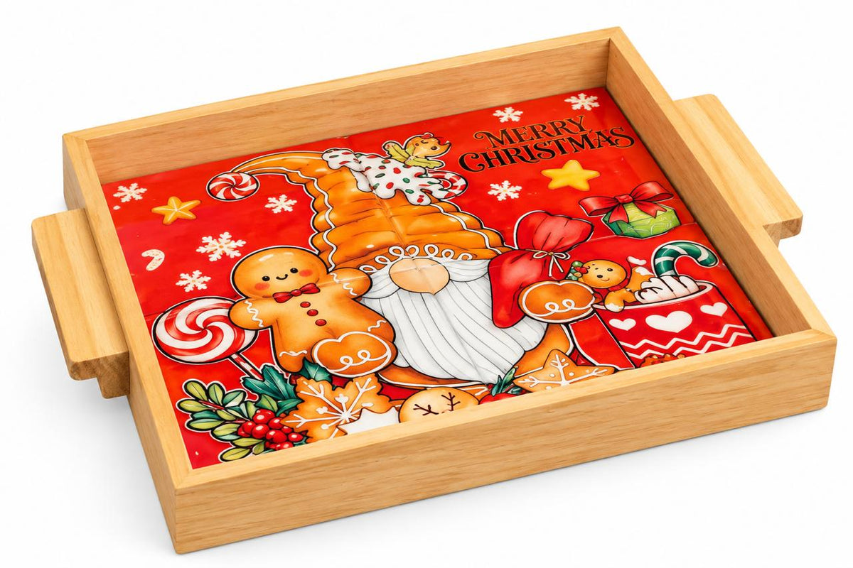 Wooden Holiday Serving Tray with Gnome and Gingerbread Design - white background