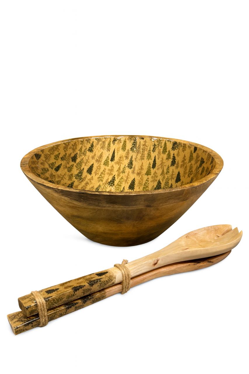 Wooden Salad Bowl with Serving Utensils – Forest Pattern