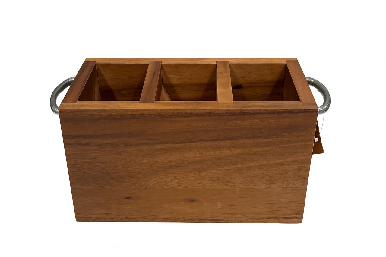 Wooden Triple-Compartment Utensil Caddy with Metal Handles