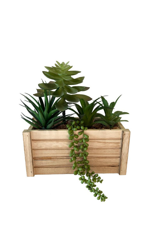 Artificial Succulent Arrangement in Wooden Box