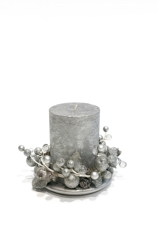Silver Decorative Pillar Candle with Glitter Ornament Ring