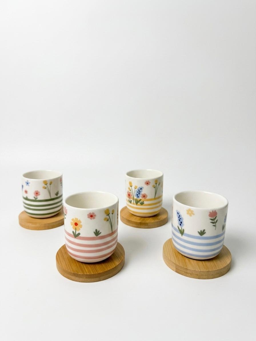Set of 4 Patterned Espresso Cups with Wooden Coasters