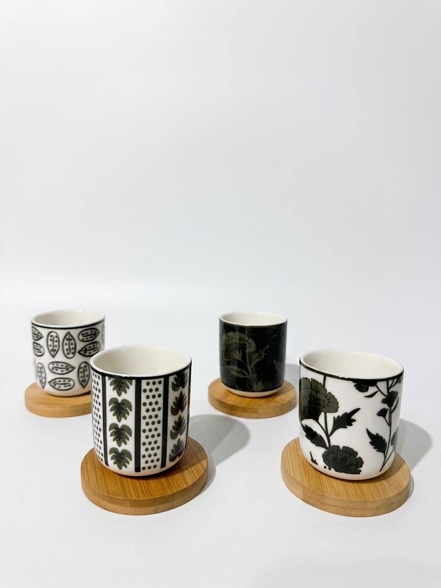 Set of 4 Patterned Espresso Cups with Wooden Coasters