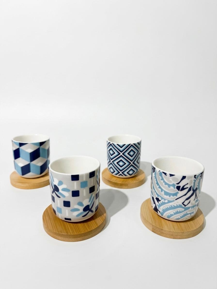 Set of 4 Patterned Espresso Cups with Wooden Coasters
