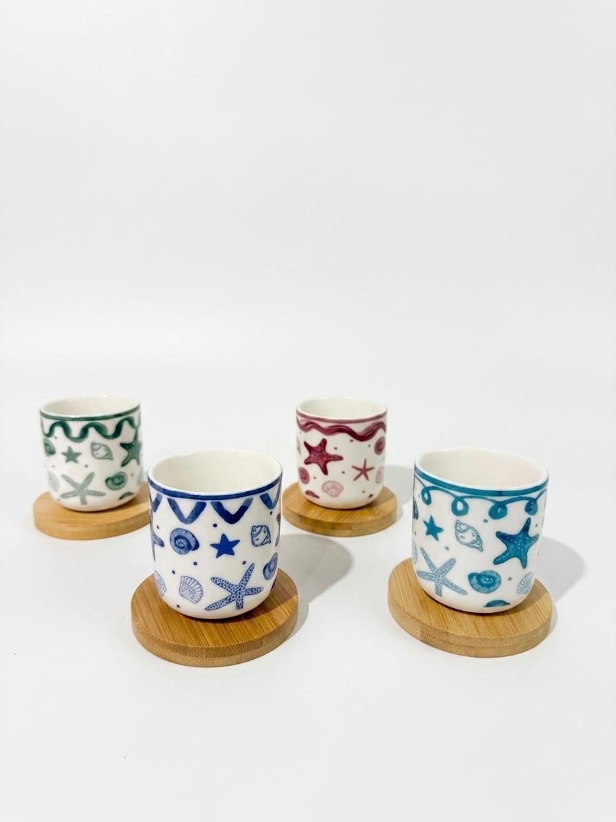 Set of 4 Patterned Espresso Cups with Wooden Coasters