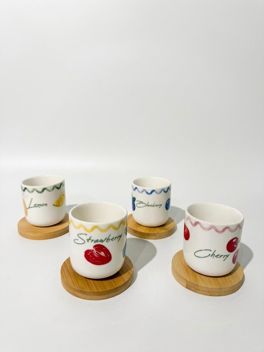 Set of 4 Patterned Espresso Cups with Wooden Coasters