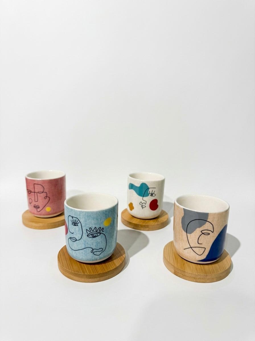 Set of 4 Patterned Espresso Cups with Wooden Coasters