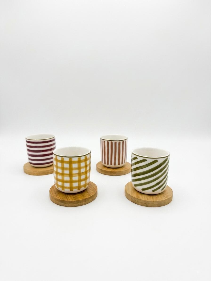 Set of 4 Patterned Espresso Cups with Wooden Coasters