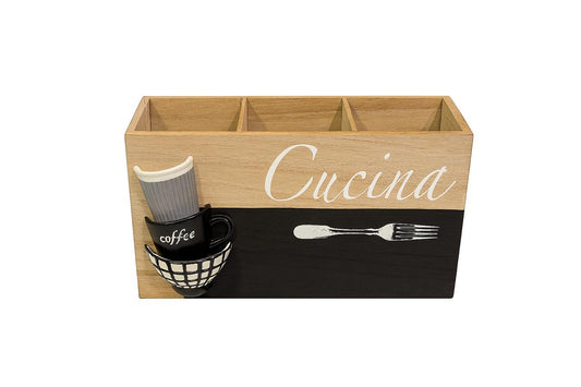Rustic “Cucina” Wooden Utensil Holder with Coffee Cup Detail