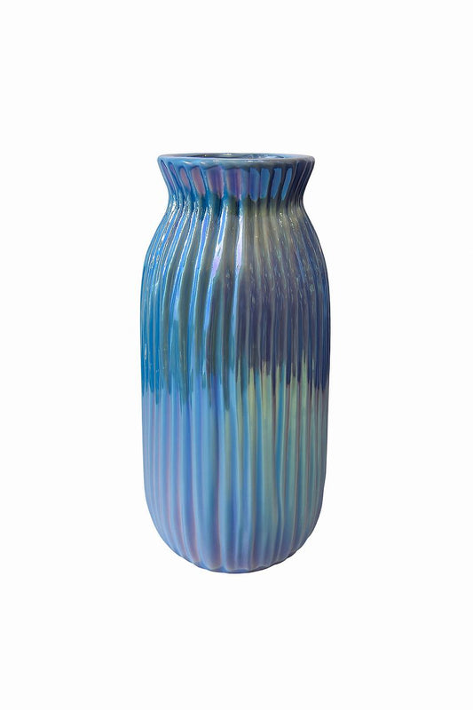 Iridescent Blue Ribbed Vase