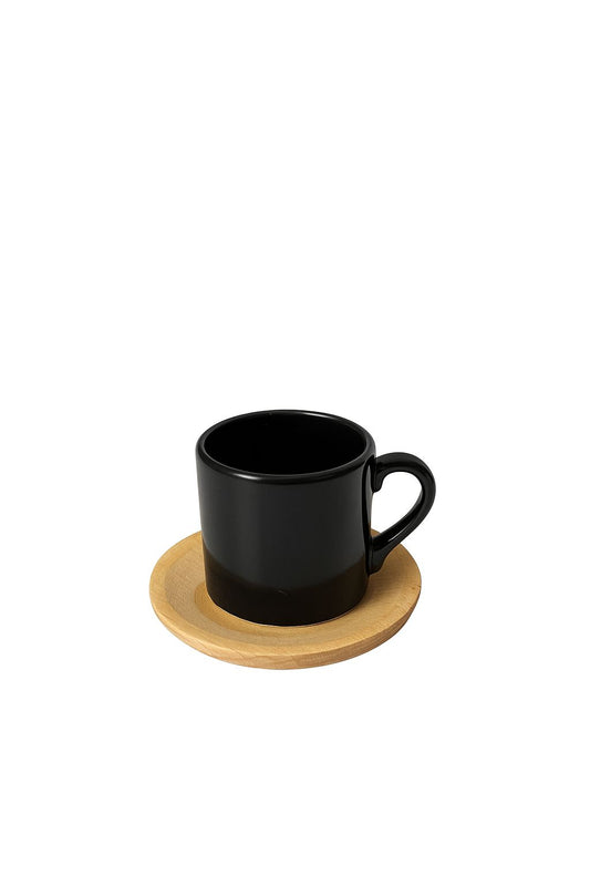 Black Turkish Coffee Cup with Wooden Saucer – Set of 6