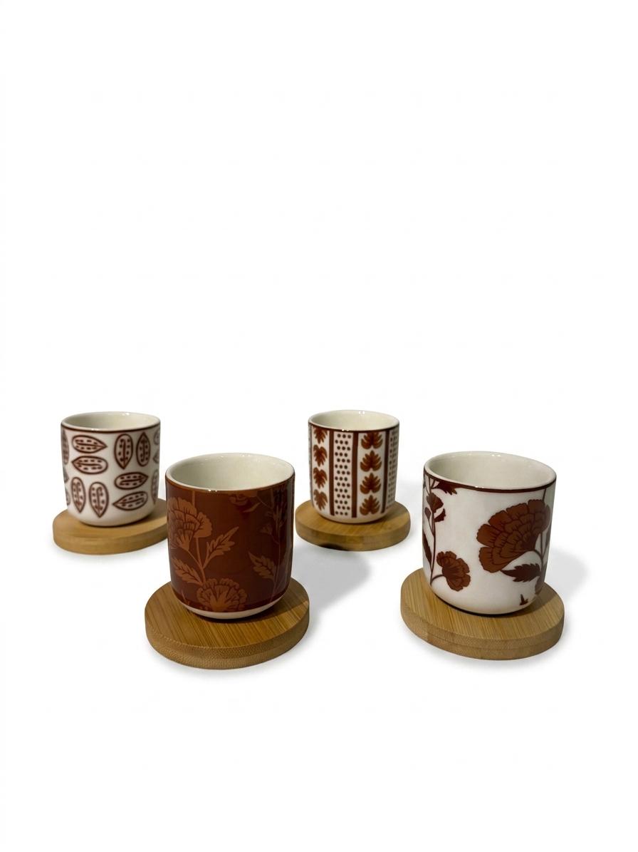Set of 4 Patterned Espresso Cups with Wooden Coasters