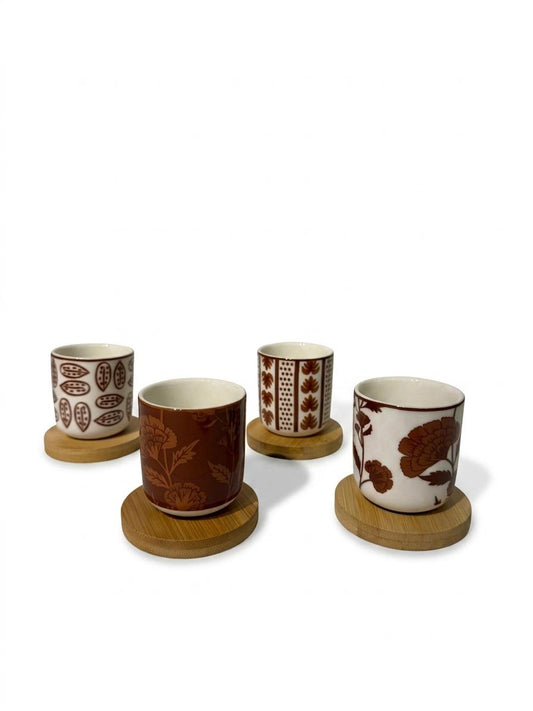 Set of 4 Patterned Espresso Cups with Wooden Coasters