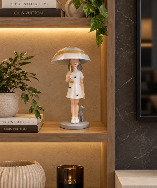 Decorative Girl Figurine with Umbrella and Dog