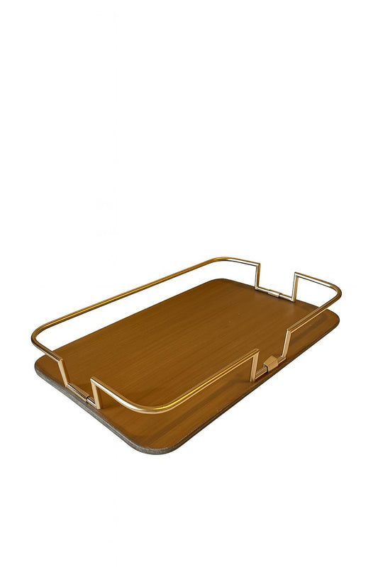 Rectangular Wooden Serving Tray with Gold Metal Handles