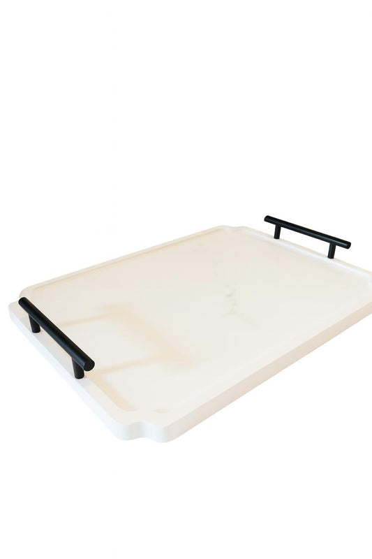 White Marble-Effect Serving Tray with Black Handles