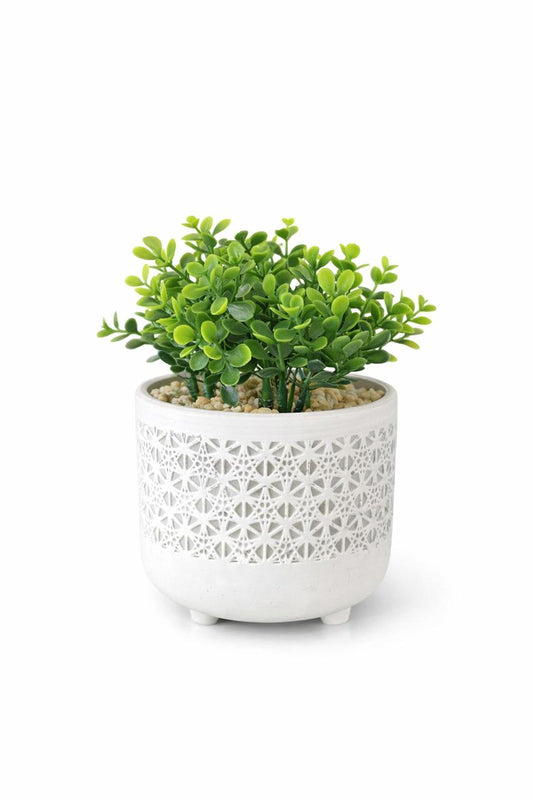 Artificial Green Plant in White Patterned Pot