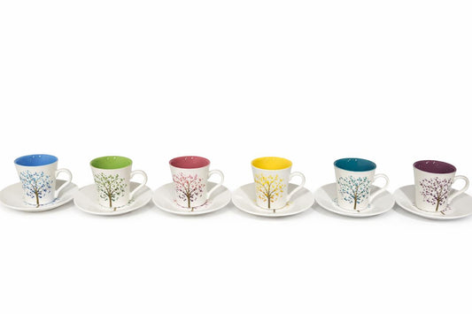 Decorated Coffee Cups & Saucers – Set of 6