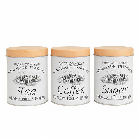 Vintage Tea, Coffee & Sugar Canisters with Wooden Lids