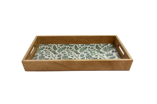 Natural Wooden Serving Tray with Botanical Print Base