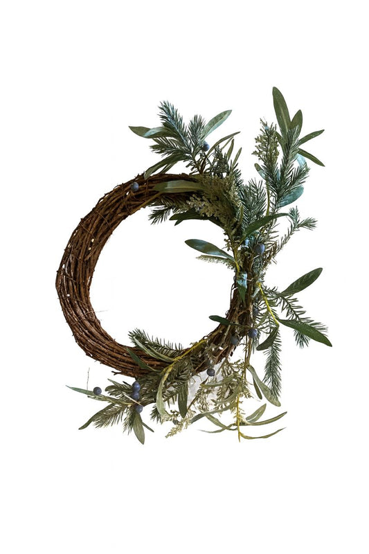 Elegant Winter Greenery Wreath with Blue Berries