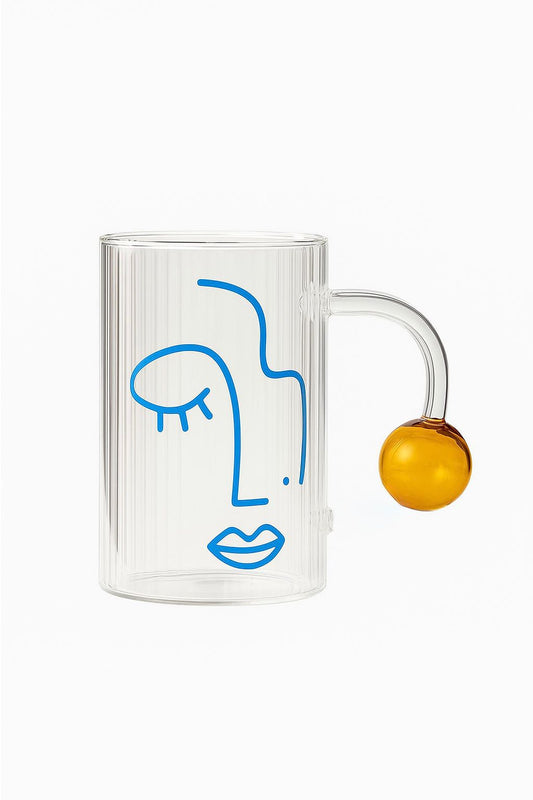 Abstract Face Glass Mug with Amber Ball Handle – 1 Piece