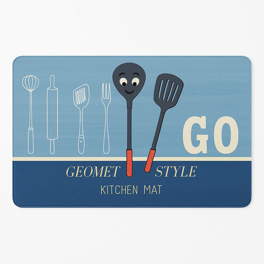Playful Utensil Kitchen Mat – Blue Geometric Style