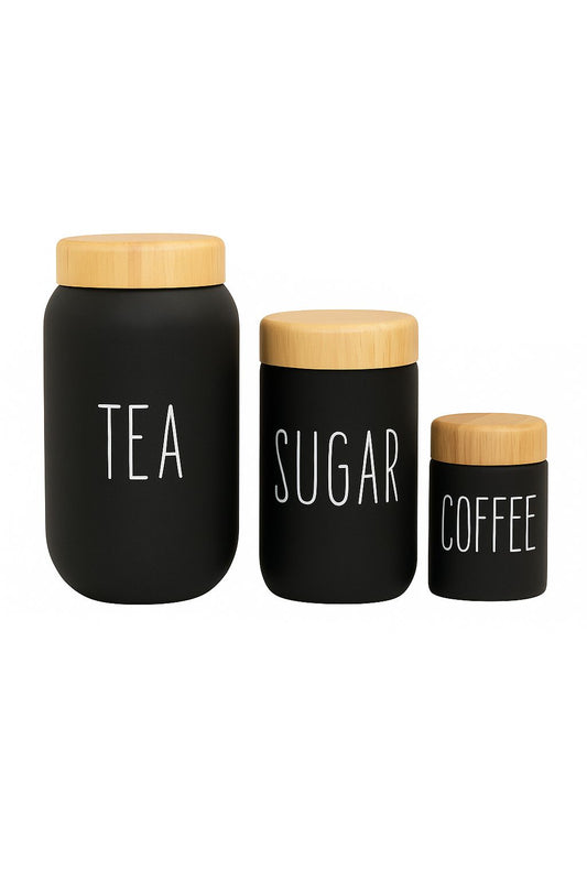 Black Tea, Coffee & Sugar Canisters with Wooden Lids