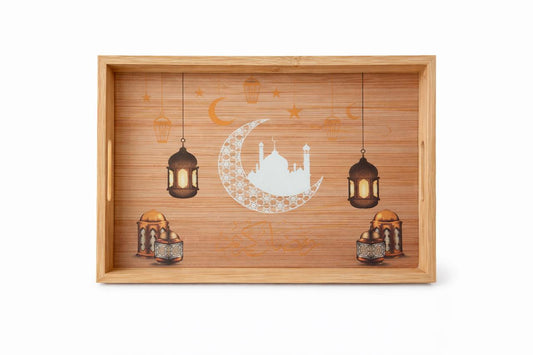 Ramadan Wooden Serving Tray with Lantern & Crescent Design