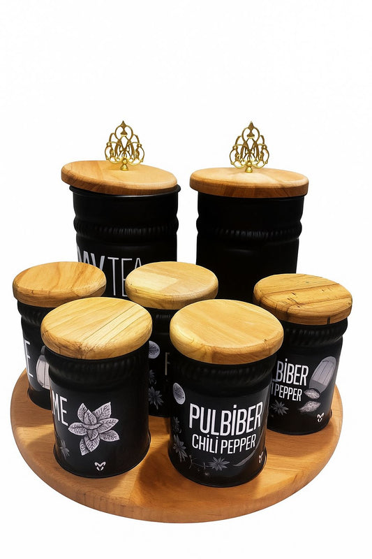 7-Piece Black Spice & Storage Jar Set with Wooden Lids