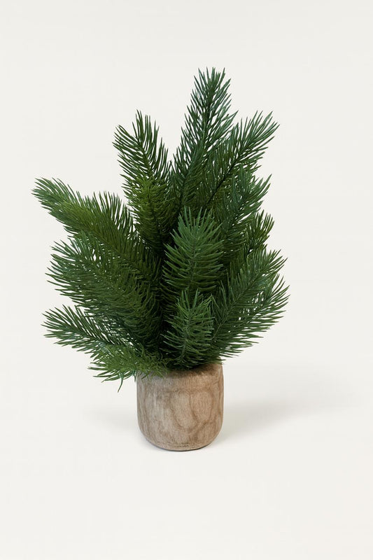Mini Artificial Pine Arrangement in Wooden Pot