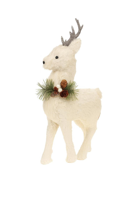 White Reindeer with Pinecone & Greenery Collar