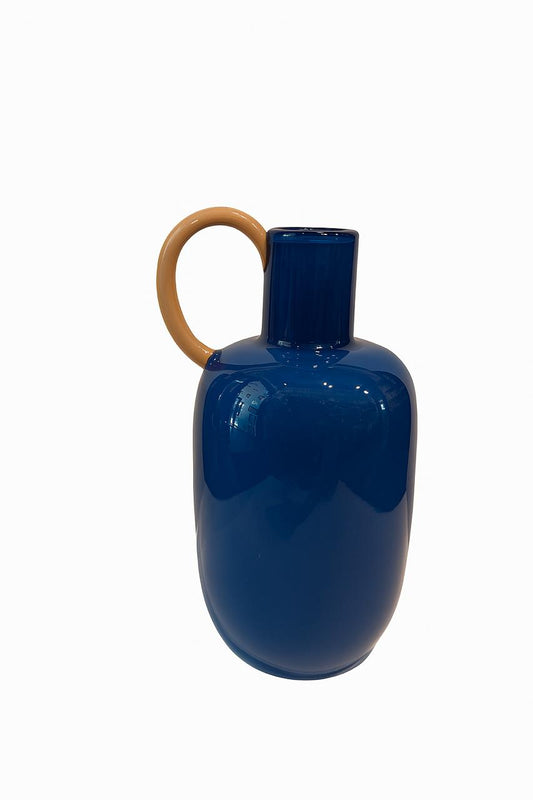 Deep Blue Glass Vase with Amber Handle