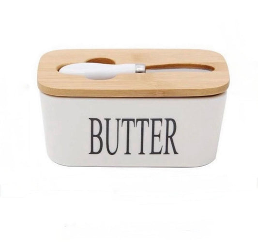Porcelain Butter Dish with Wooden Lid