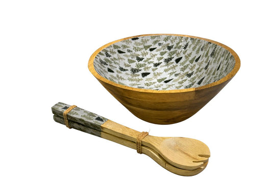 Wooden Salad Bowl with Serving Utensils – Forest Pattern