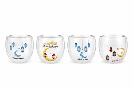 Ramadan Kareem Decorative Glass Cups – Lantern & Crescent Design Set of 6
